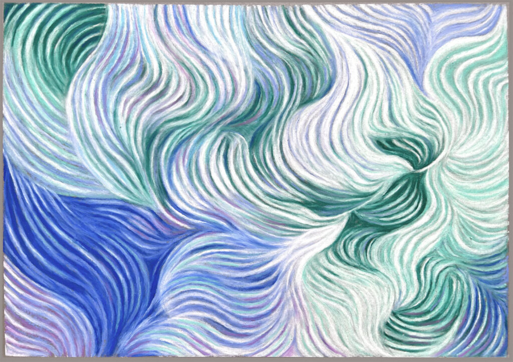 商品画像：透流, 2024, oil pastel on paper, 29.7x42cm。このドローイングでは、半透明なワックス成分が配合されているオイルパステを使っています。