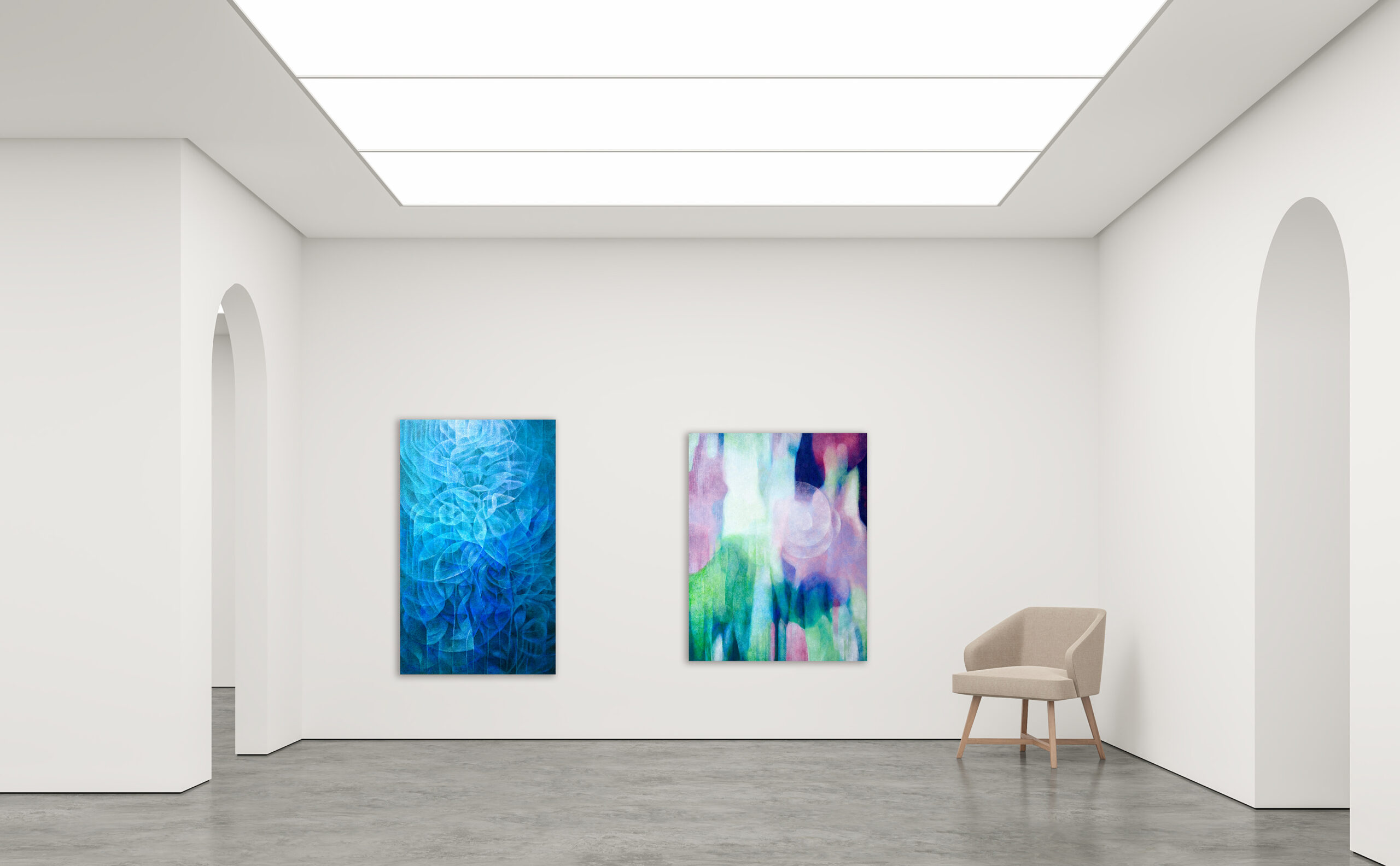 油彩画「微笑みの時空」、アクリル画「眠りの森」仮展示画像