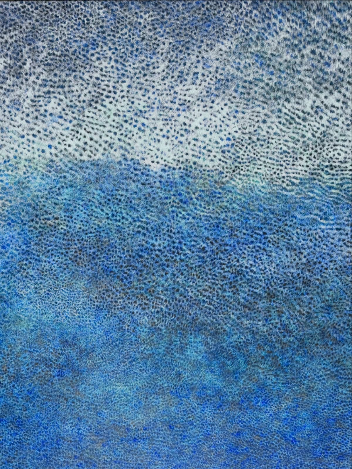 時の細波（部分）
Ripples of Time（Detail）
2026
scratch and hatching
acrylic gouache on canvas
145.5x112cm

曖昧で自然なせめぎ合い

時間の過去も未来も今という意識も、
全て同じ一つの「曖昧な揺らぎ」。

未来から過去に時が流れるのか。
それともそもそも時などないのか。

確かに時はあるようで、無い感覚もある。
しかし歴史という感覚は錯覚かも知れないけれど、
人の存在を深い底の方から支えていくれる。

細波は全てを網羅して
過去も今も未来も
一続きの一枚の画布と伝える。

An ambiguous and natural interplay.
The past, the future, and the consciousness of "now"—
All are a single "ambiguous fluctuation."
Does time flow from the future into the past?
Or does time not exist at all?
There is a sense that time exists, yet also a sense that it does not.
The feeling of history might be an illusion,
Yet it supports human existence from the deepest depths.
These ripples encompass everything,
Conveying that the past, present, and future
Are but a single, continuous canvas.